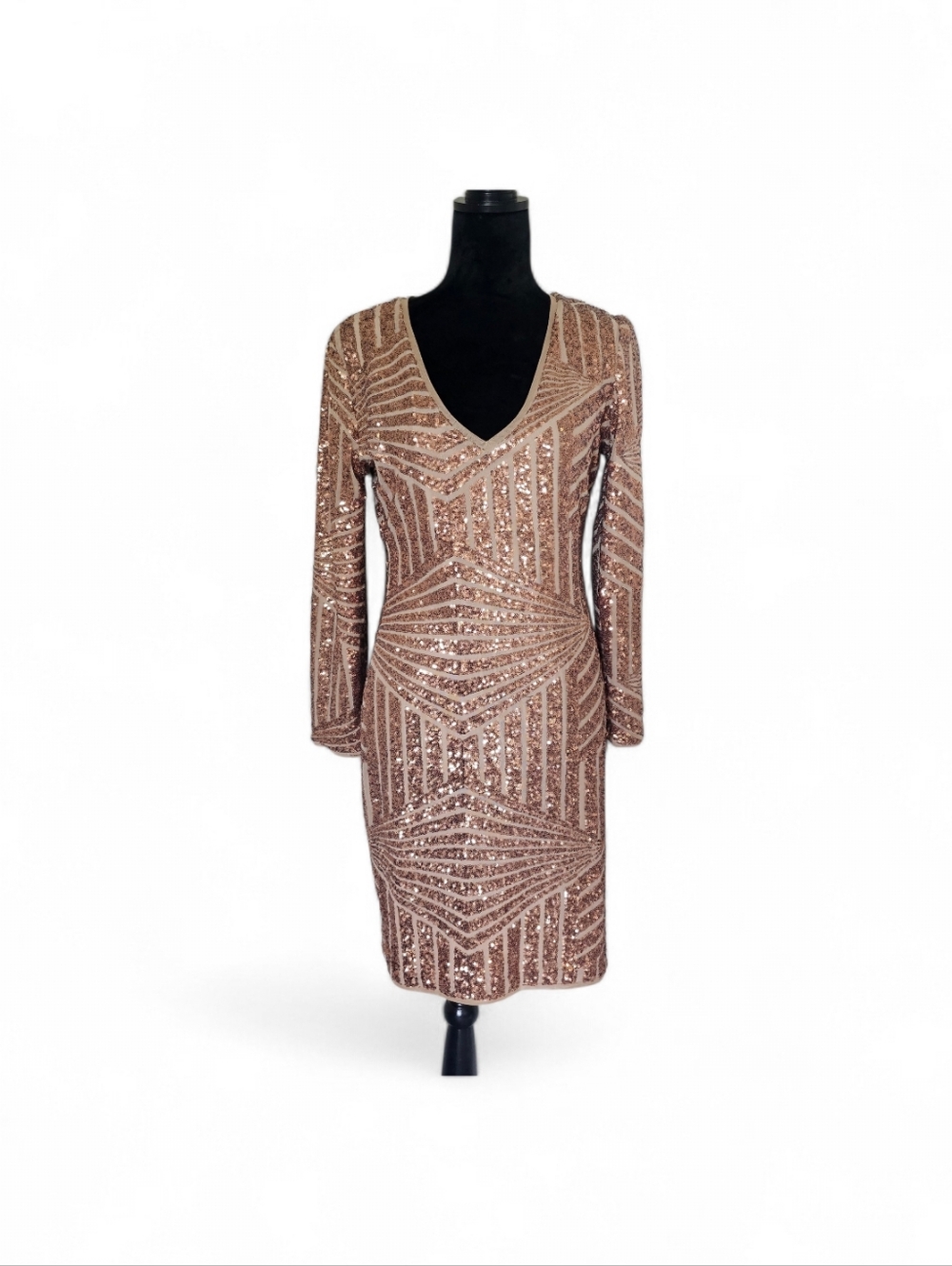 BCBGMaxazria Rose Gold Sequin V-Neck Long Sleeve Dress